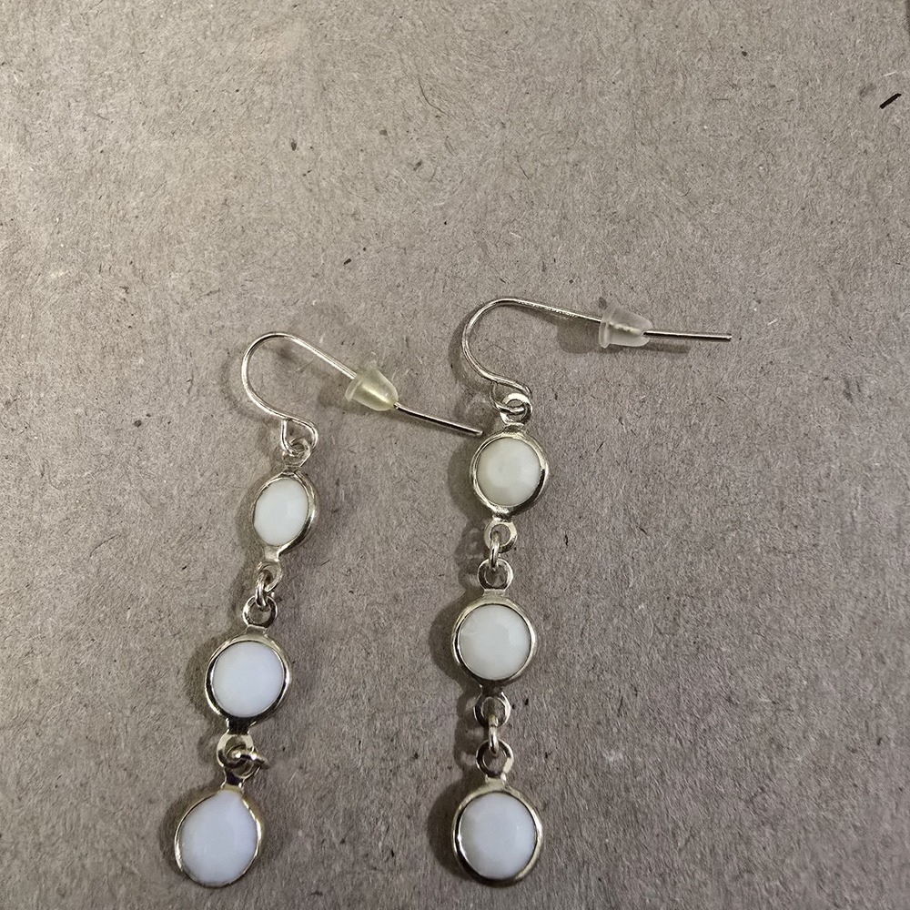 Silver White Metal Dangle Drop Earrings Round Hook 1.75 in Lobe Fashion Jewelry